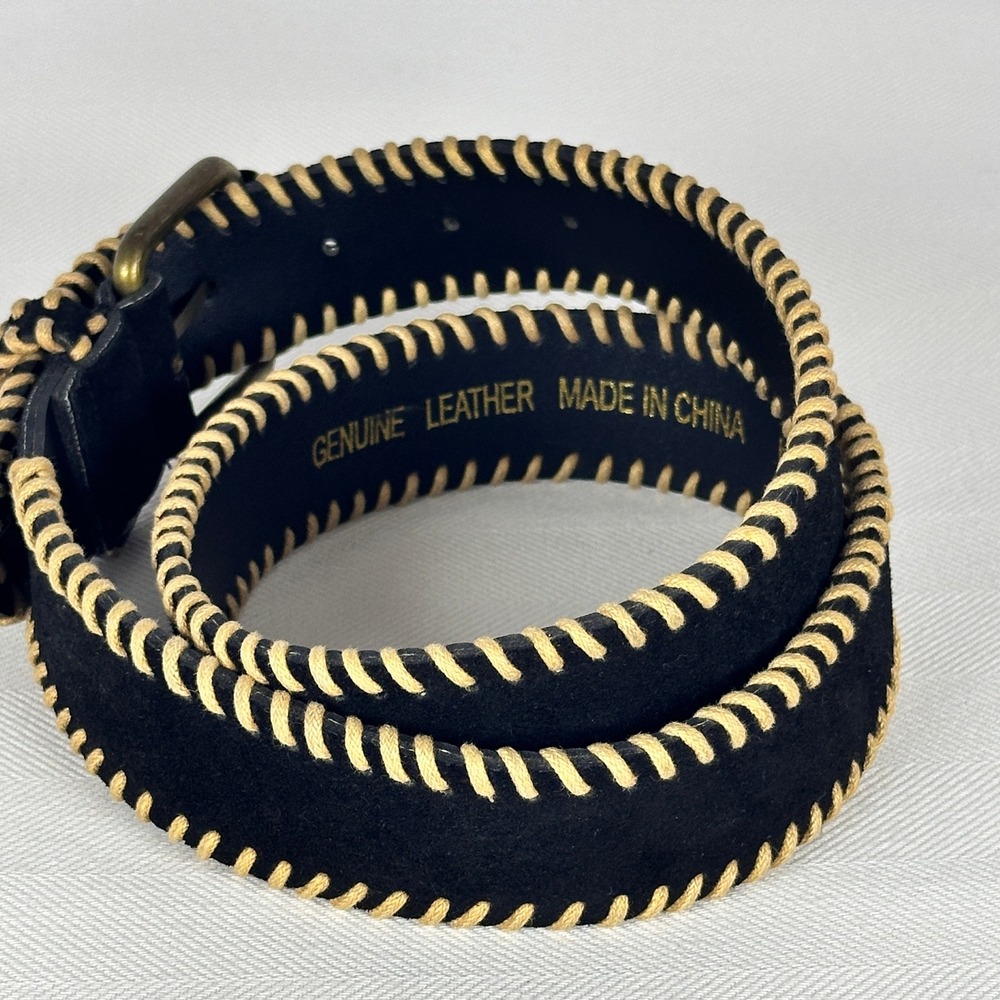 Whipstitch 90s Black Leather Belt Textural Vintage Suede Brass Hardware L - Picture 3 of 7